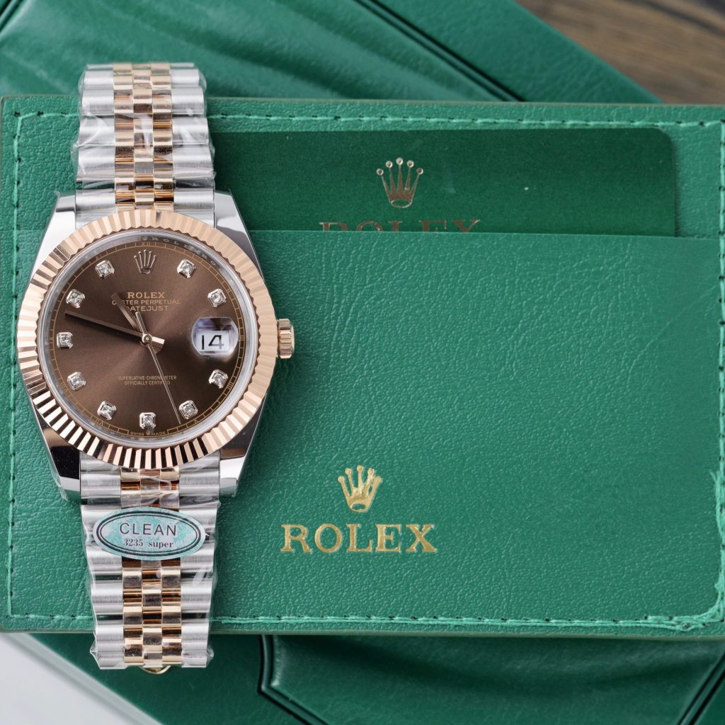 Rolex DateJust 126331 Rep 1:1 Clean Factory Mạ Vàng Demi Mặt Chocolate Cọc Kim 41mm